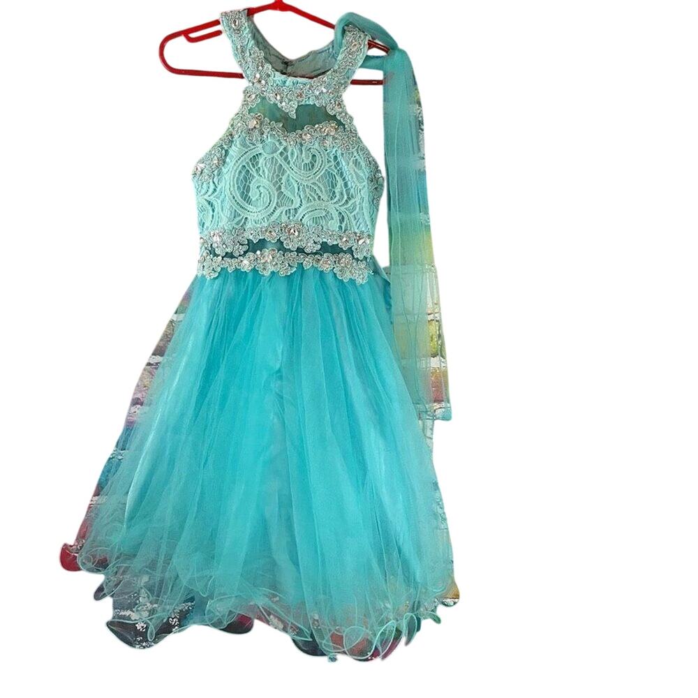 CINDERELLA COUTURE Party Dress Halter Neck Style 5040 Girls Size 6 Aqua